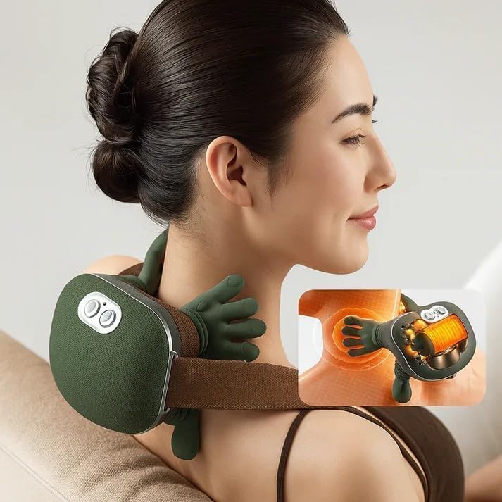 THERALYX wireless neck and shoulder massager - person wearing massager for neck pain relief
